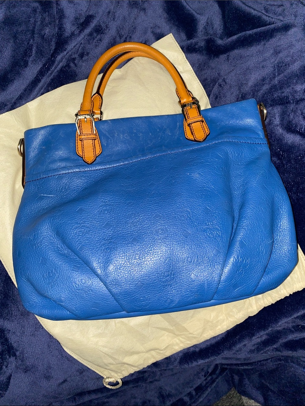 MCM Visetos Logogramme Blue Leather Satchel with Tan Handles and Gold Hardware - Picture 2 of 14